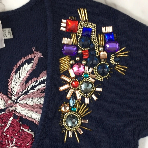 Asos‎ Revive Navy Cardigan Sweater Womens 6 Rhinestone Embroidered Embellished - Picture 10 of 13